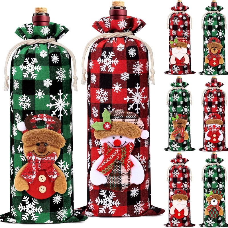 Aoonby 8PCS Christmas Wine Fabric Bags, Drawstring Christmas Buffalo Plaid Wine Bottle Gift Bags, Reusable Wines Bottle Covers with Santa Snowman Elk Bear 3D Doll, Xmas Wines Gift Bag for Holiday Party Decor - Image 1